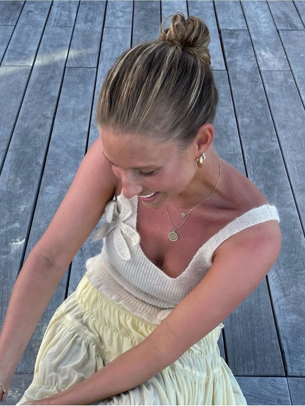 Cream Knit Bow Tank with Pale Yellow Skirt